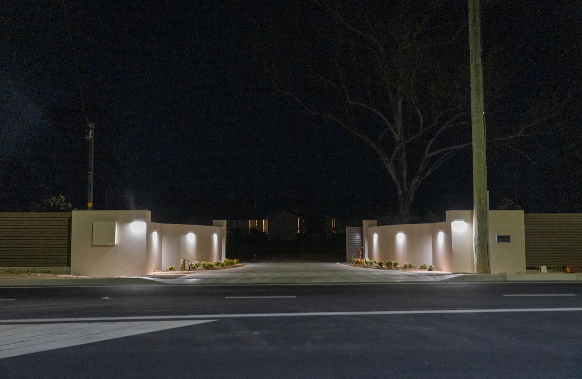 Car park lighting installed by Thorntek, photographed at dusk