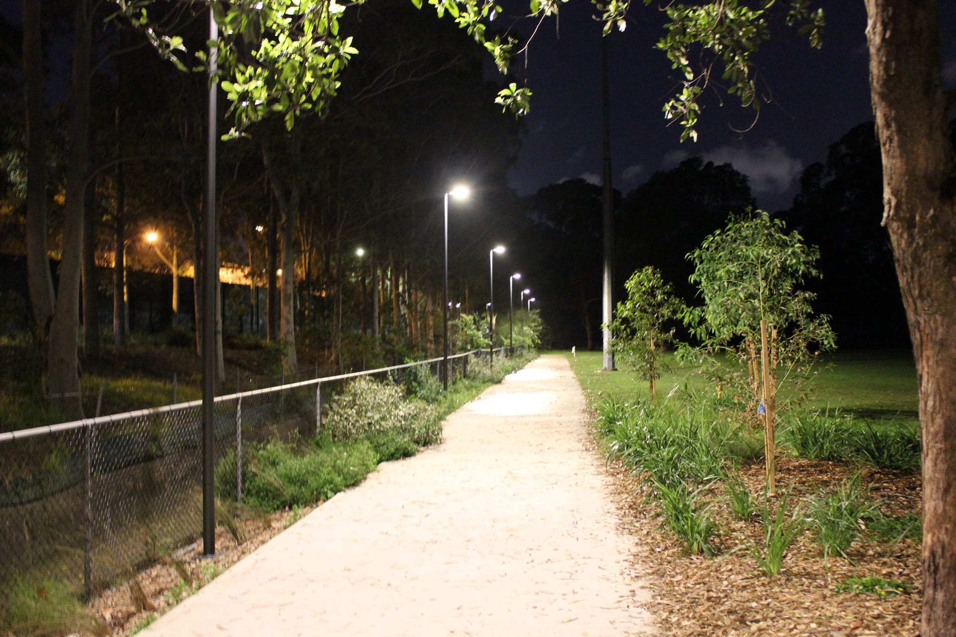 Floodlit walking path beside Blackmore Oval at night