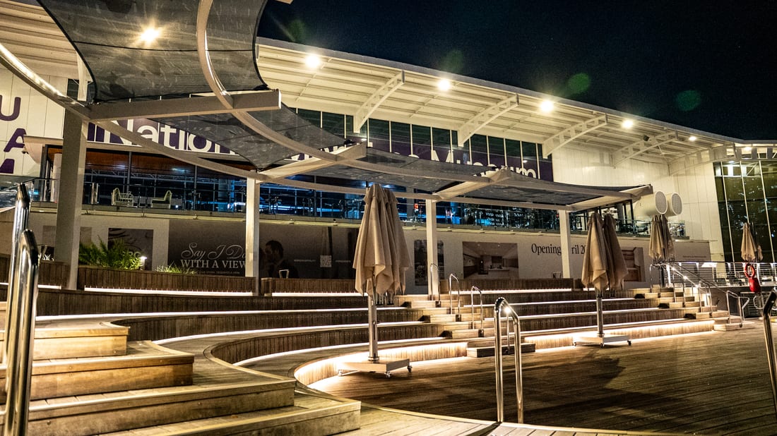 The Australian National Maritime Museum lit at night, Darling Harbour, Sydney